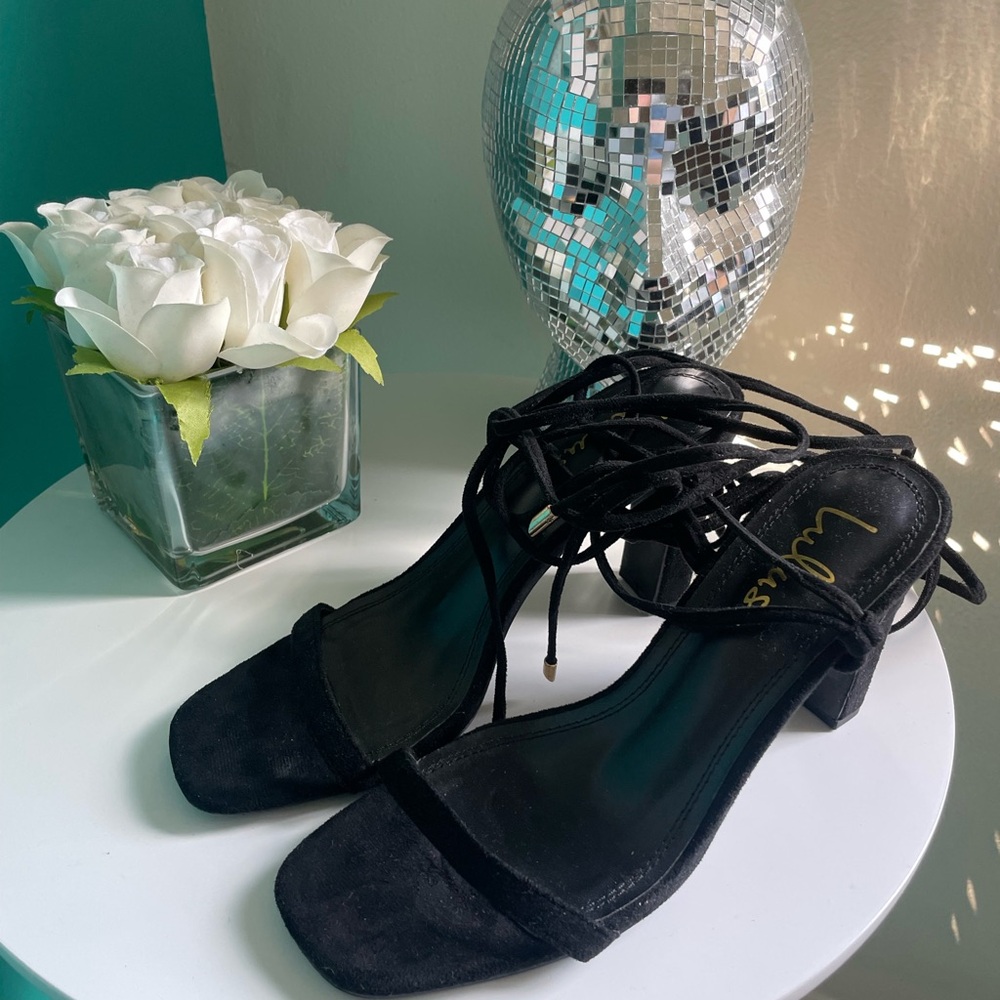 Black Faux Suede Lace Up Women's Heels